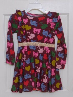 NWT Mini Boden Burgundy Dove Heart Bow Print Dress sz 7-8 Years